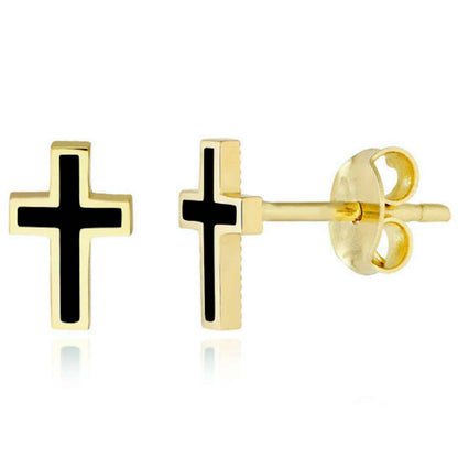 14K Real Gold Enamel Black Light Turquoise Cross Stud Push Back Earrings 8mm