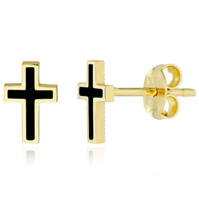 14K Gold Enamel Black Light Turquoise Cross Stud Push Back Earrings 8mm - WJD Exclusives