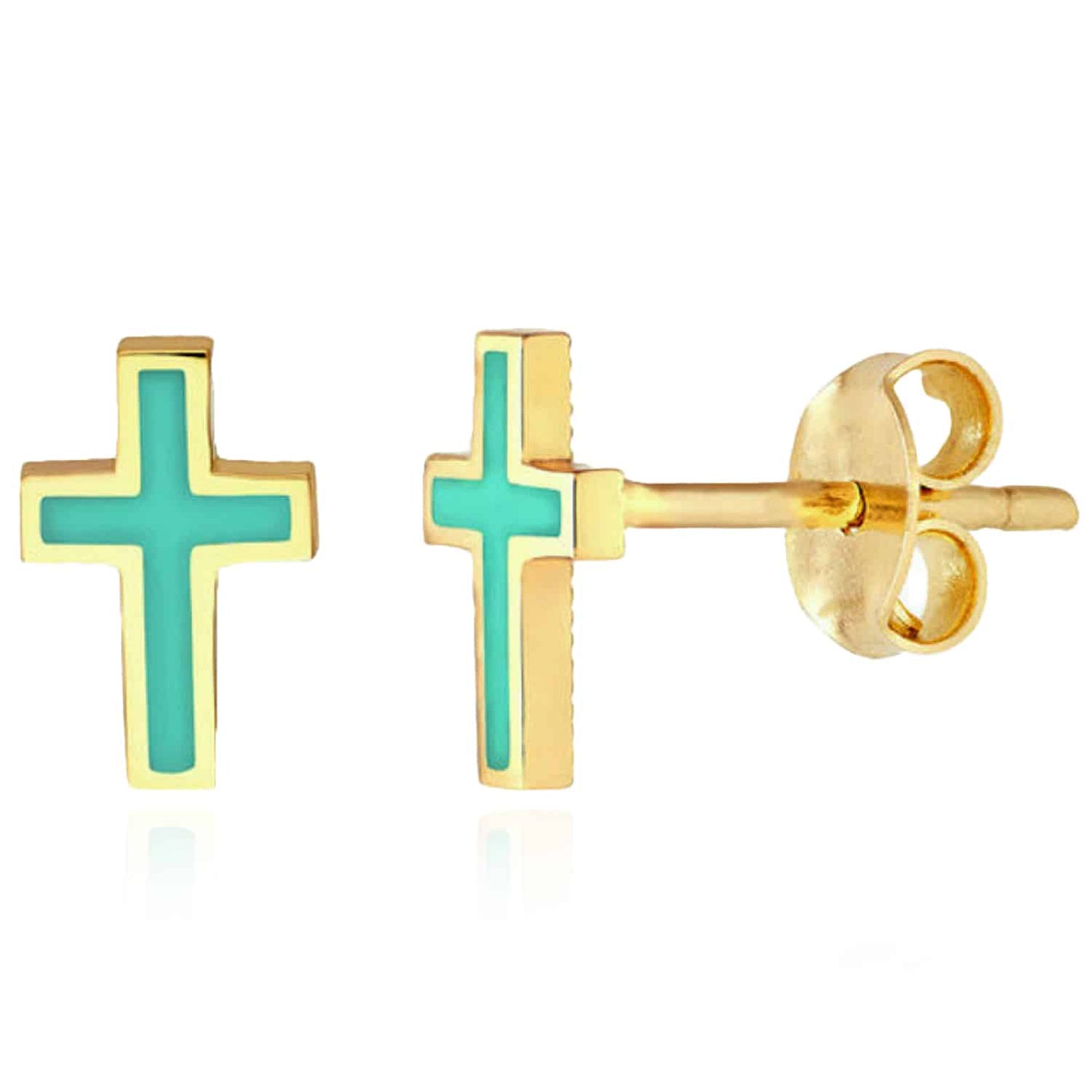 14K Real Gold Enamel Black Light Turquoise Cross Stud Push Back Earrings 8mm