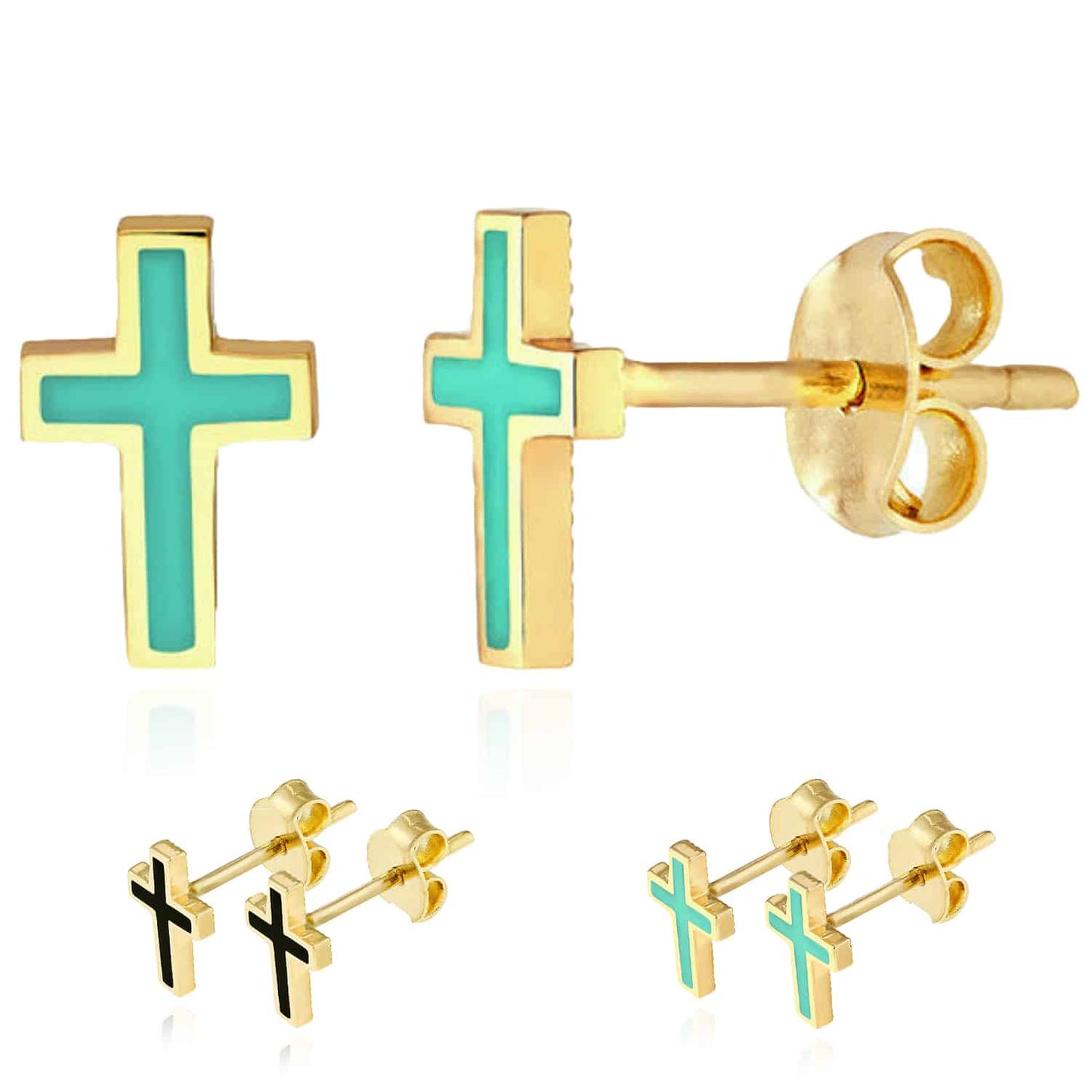 14K Real Gold Enamel Black Light Turquoise Cross Stud Push Back Earrings 8mm