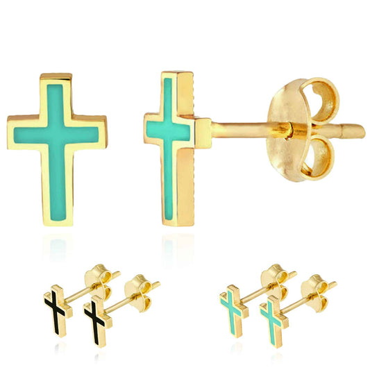 14K Real Gold Enamel Black Light Turquoise Cross Stud Push Back Earrings 8mm