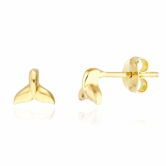 14K Real Gold Whale Tail Small Stud Push Back Earrings 5mm