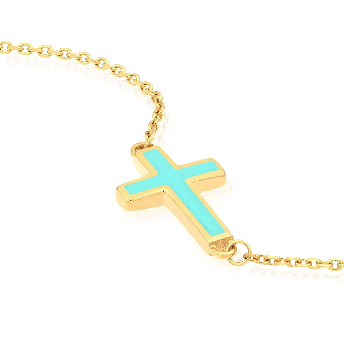 14K Yellow Gold Cable Turquoise Enamel Sideways Cross Bracelet (Solid Links) 7" - 7.50" Adjustable - WJD Exclusives