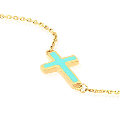 14K Real Gold Yellow Cable Turquoise Enamel Sideways Cross Bracelet 7"-7.50" Adjust.