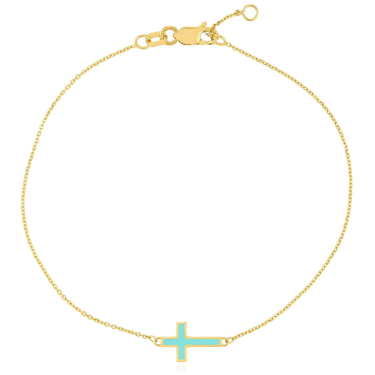 14K Yellow Gold Cable Turquoise Enamel Sideways Cross Bracelet (Solid Links) 7" - 7.50" Adjustable - WJD Exclusives