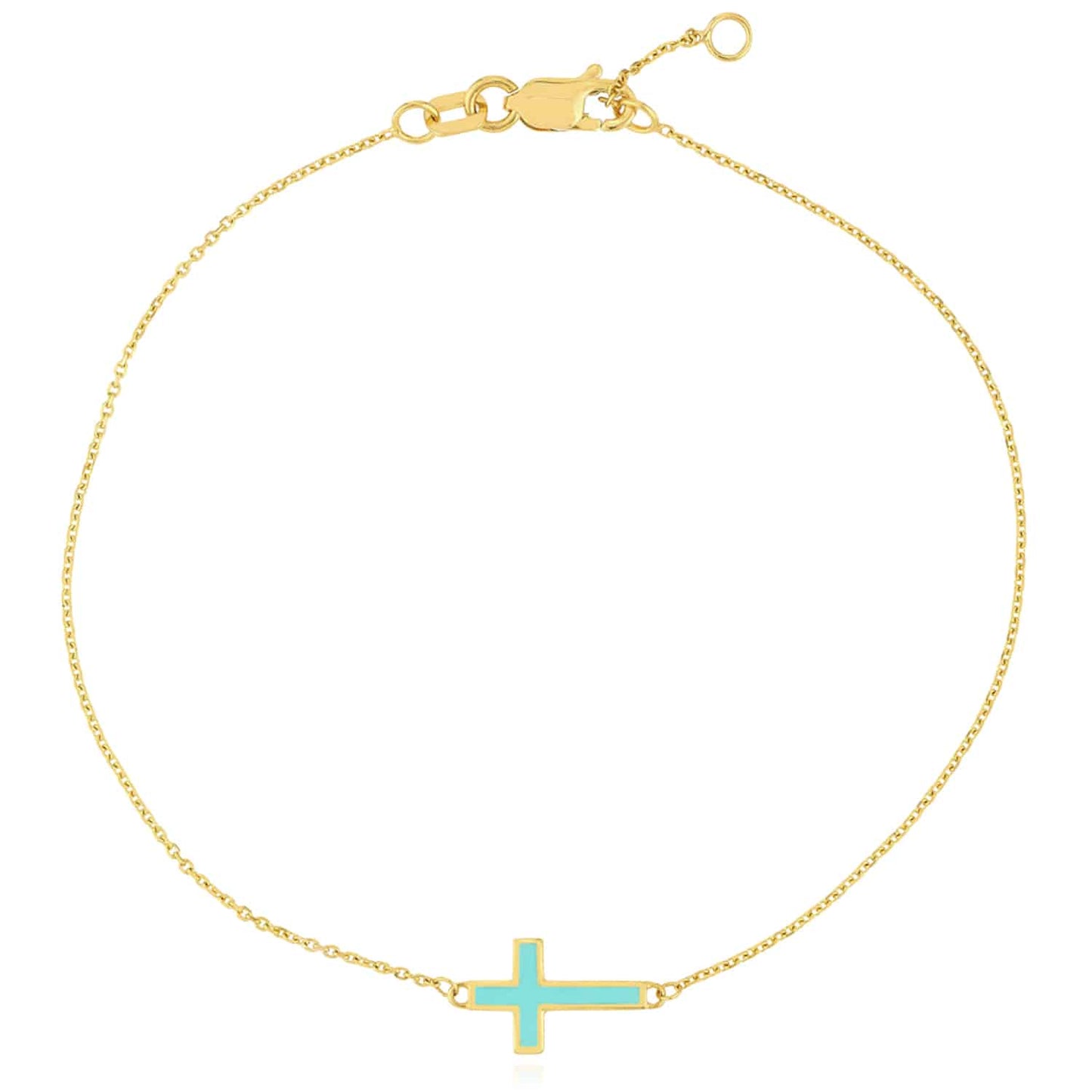 14K Real Gold Yellow Cable Turquoise Enamel Sideways Cross Bracelet 7"-7.50" Adjust.