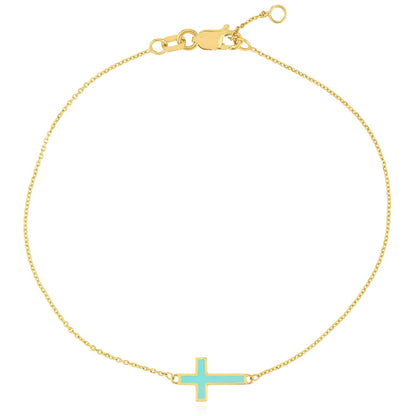 14K Real Gold Yellow Cable Turquoise Enamel Sideways Cross Bracelet 7"-7.50" Adjust.