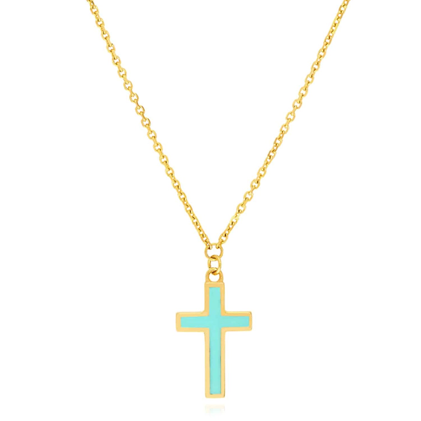 14K Real Gold Cable Turquoise Enamel Cross Pendant Necklace 16"-18" Adjustable