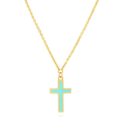 14K Real Gold Cable Turquoise Enamel Cross Pendant Necklace 16"-18" Adjustable