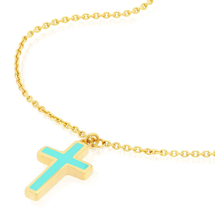 14K Yellow Gold Turquoise Enamel Cross Cable Necklace (Solid Links) 16" - 18" Adjustable - WJD Exclusives