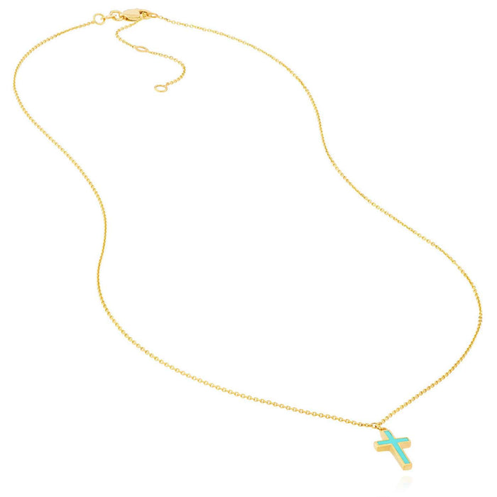 14K Yellow Gold Turquoise Enamel Cross Cable Necklace (Solid Links) 16" - 18" Adjustable - WJD Exclusives