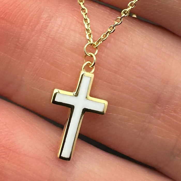 14K Yellow Gold Turquoise Enamel Cross Cable Necklace (Solid Links) 16" - 18" Adjustable - WJD Exclusives