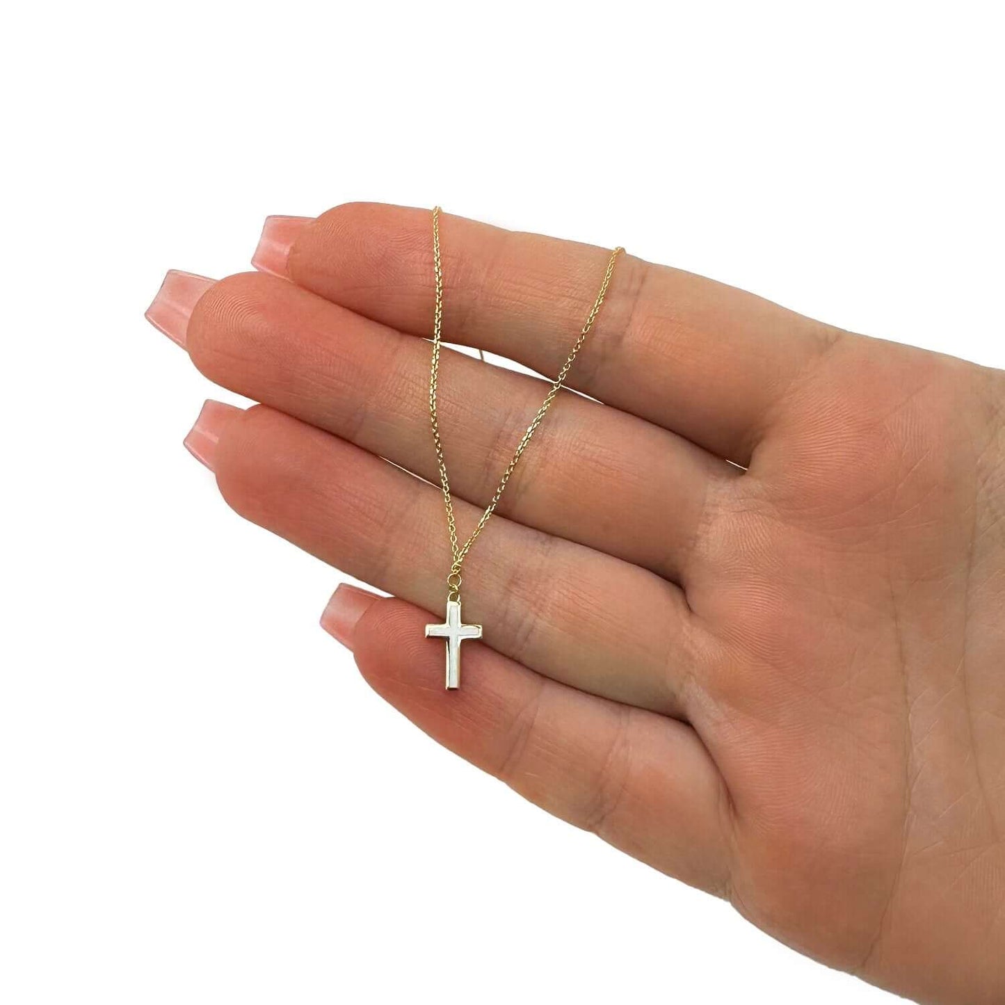 14K Real Gold Cable Turquoise Enamel Cross Pendant Necklace 16"-18" Adjustable