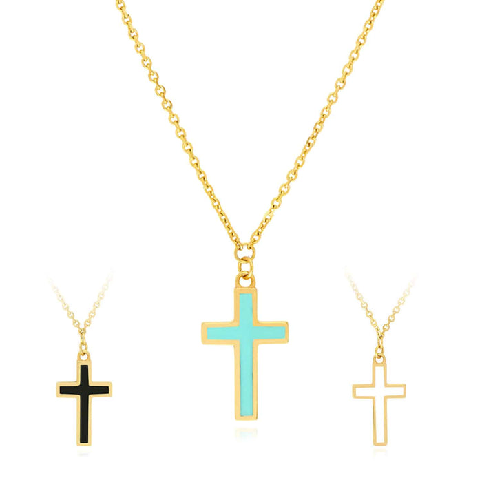 14K Yellow Gold Turquoise Enamel Cross Cable Necklace (Solid Links) 16" - 18" Adjustable - WJD Exclusives