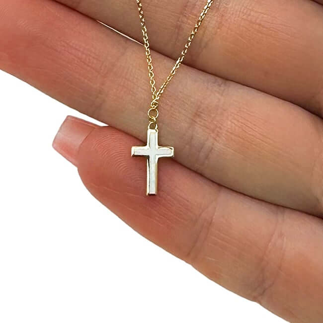 14K Real Gold Cable Turquoise Enamel Cross Pendant Necklace 16"-18" Adjustable