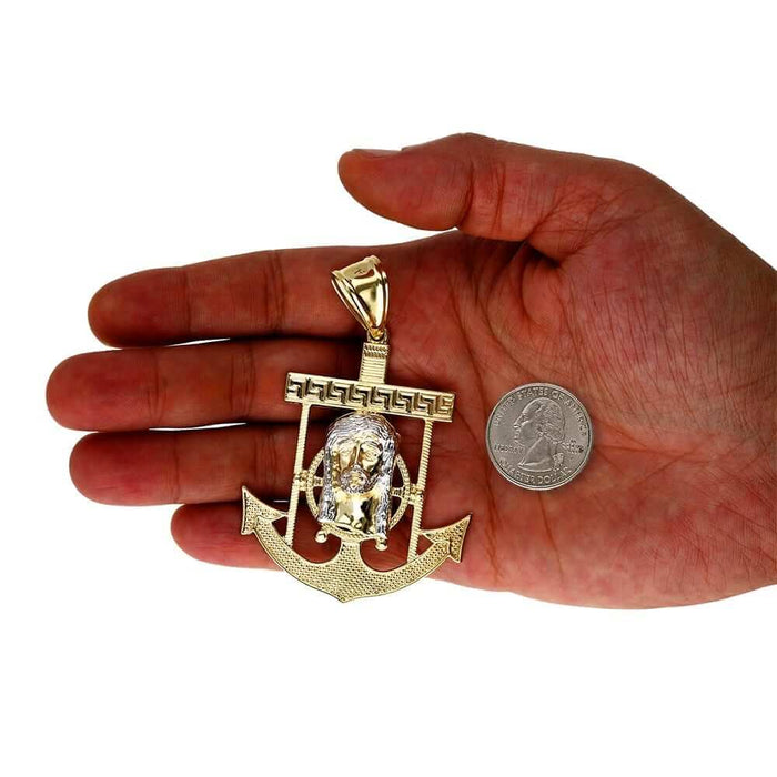 10K Solid Yellow Gold Two-Tone Diamond-Cut Jesus Face Anchor Pendant
