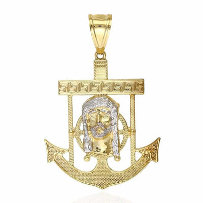 10K Solid Yellow Gold Two-Tone Diamond-Cut Jesus Face Anchor Pendant