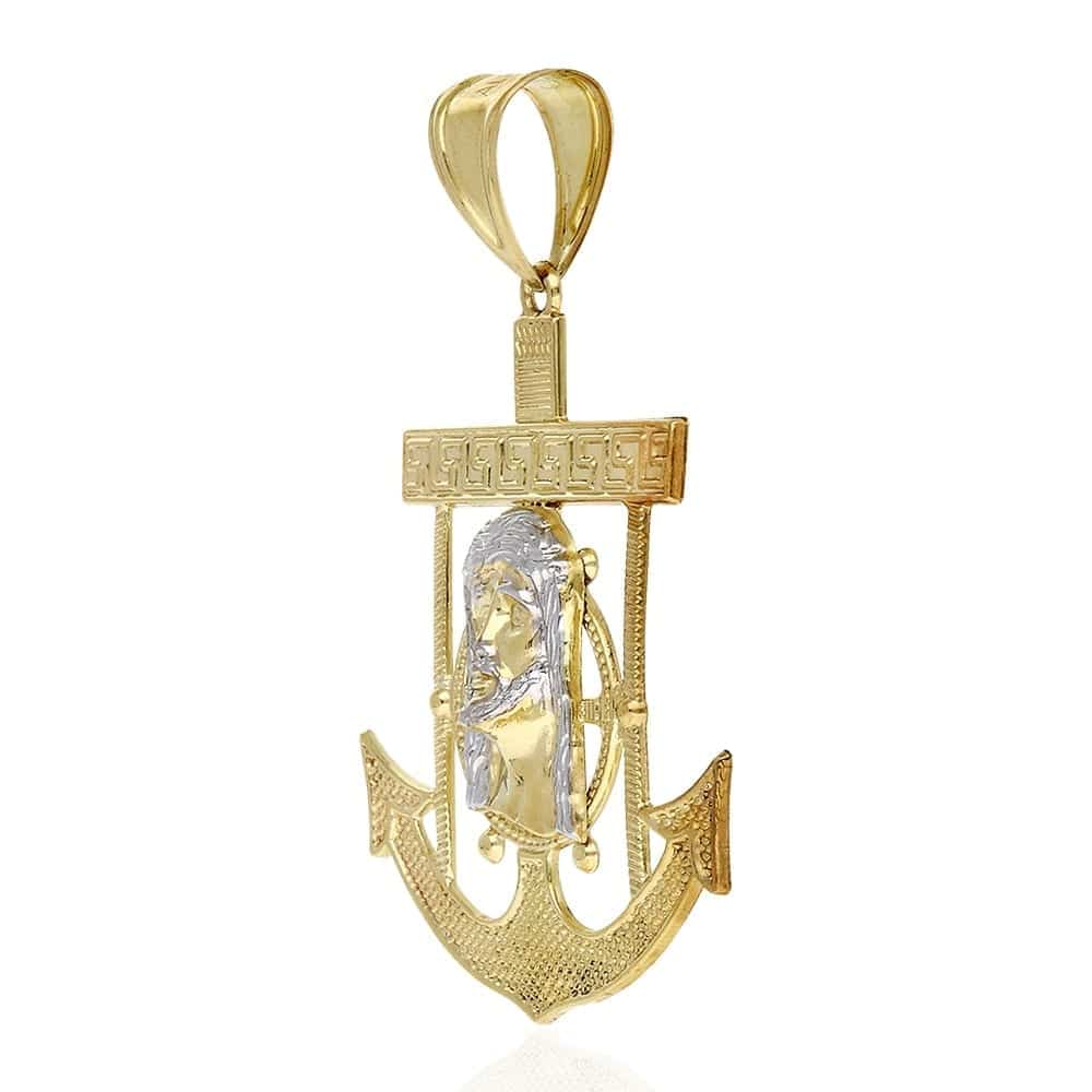 10K Solid Yellow Gold Two-Tone Diamond-Cut Jesus Face Anchor Pendant