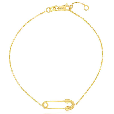 14K Yellow Gold Cable Safety Pin Station Bracelet (Solid Links) 7" - 7.50" Adjustable - WJD Exclusives