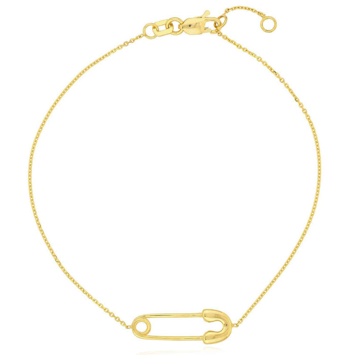 14K Yellow Gold Cable Safety Pin Station Bracelet (Solid Links) 7" - 7.50" Adjustable - WJD Exclusives