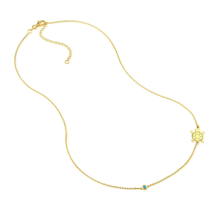 14K Yellow Gold Sideways Turtle Turquoise Bezel Necklace (Solid Links) 16" - 18" Adjustable - WJD Exclusives