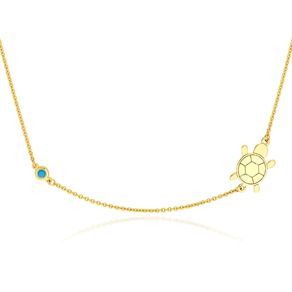 14K Yellow Gold Sideways Turtle Turquoise Bezel Necklace (Solid Links) 16" - 18" Adjustable - WJD Exclusives