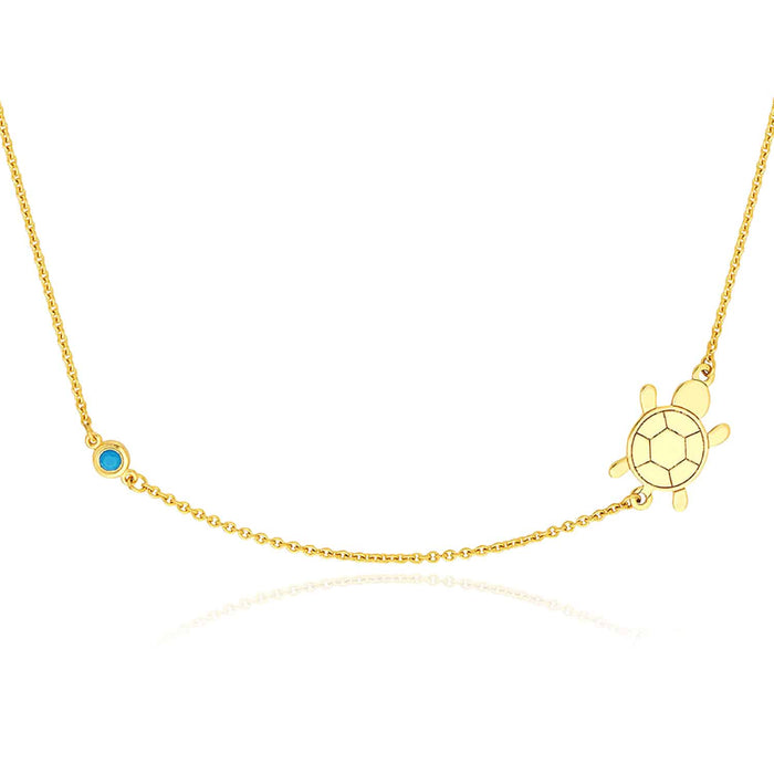 14K Yellow Gold Sideways Turtle Turquoise Bezel Necklace (Solid Links) 16" - 18" Adjustable - WJD Exclusives