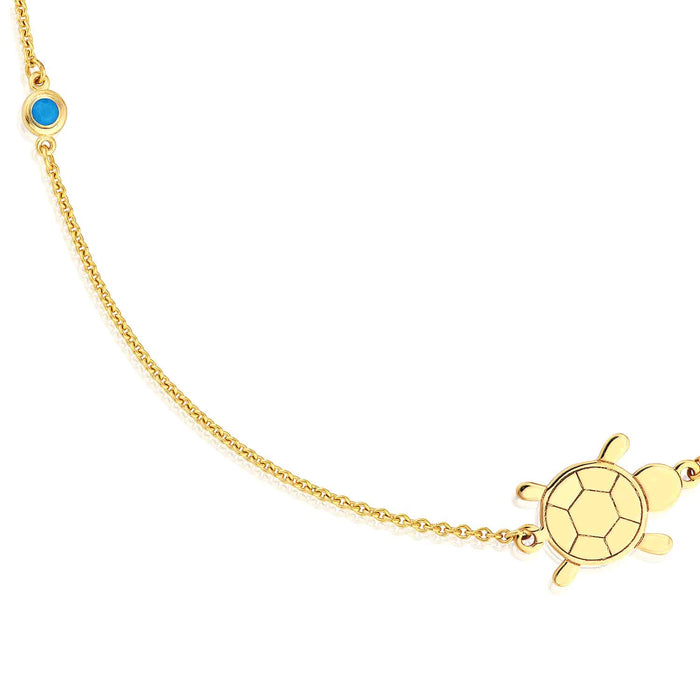 14K Yellow Gold Sideways Turtle Turquoise Bezel Necklace (Solid Links) 16" - 18" Adjustable - WJD Exclusives