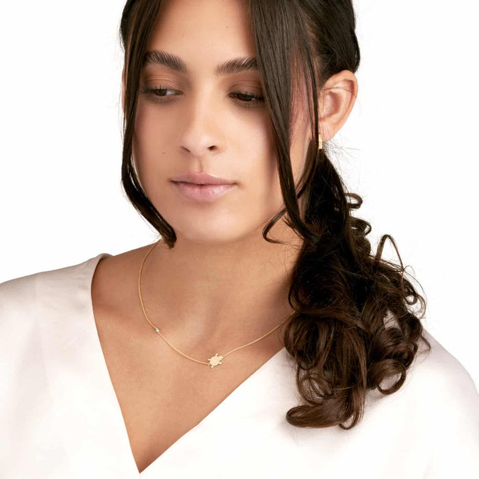 14K Yellow Gold Sideways Turtle Turquoise Bezel Necklace (Solid Links) 16" - 18" Adjustable - WJD Exclusives