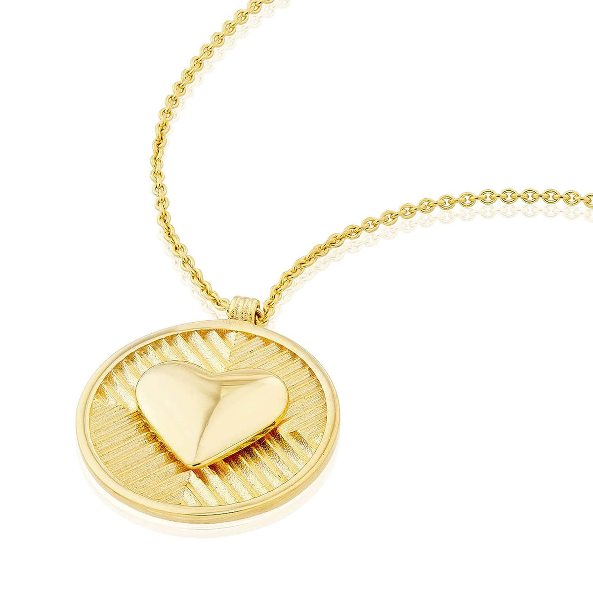 14K Yellow Gold Chevron Heart Round Medallion Necklace (Solid Links) 16" - 18" Adjustable - WJD Exclusives