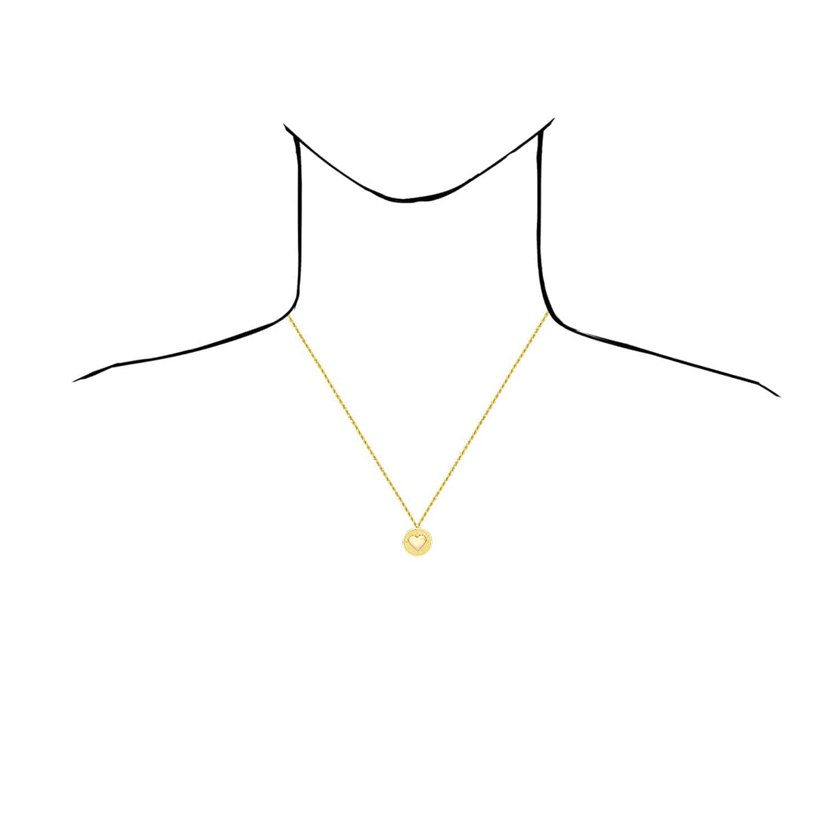 14K Yellow Gold Chevron Heart Round Medallion Necklace (Solid Links) 16" - 18" Adjustable - WJD Exclusives