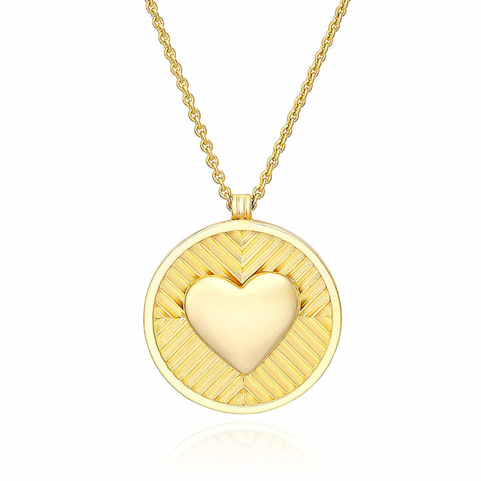 14K Yellow Gold Chevron Heart Round Medallion Necklace (Solid Links) 16" - 18" Adjustable - WJD Exclusives