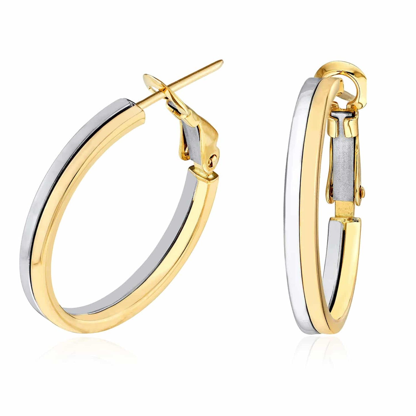 14K Real Gold Two-Tone Yellow White Omega Back Hoop Earrings 18-23mm