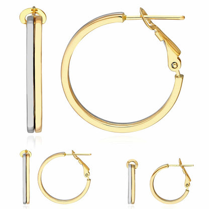 14K Real Gold Two-Tone Yellow White Omega Back Hoop Earrings 18-23mm
