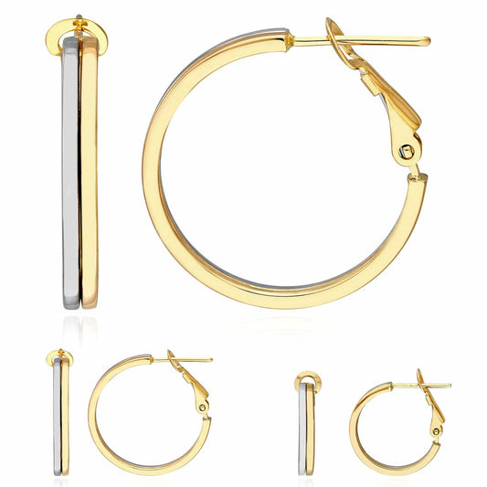 14K Real Gold Two-Tone Yellow White Omega Back Hoop Earrings 18-23mm