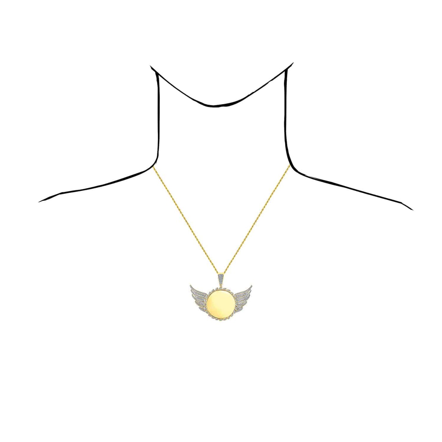 Customizable 1CTW Real Diamond 10K Yellow Gold Round Wing Memory Pendant 2.2"