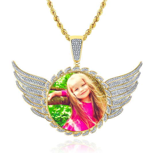 Customizable 1CTW Real Diamond 10K Yellow Gold Round Wing Memory Pendant 2.2"