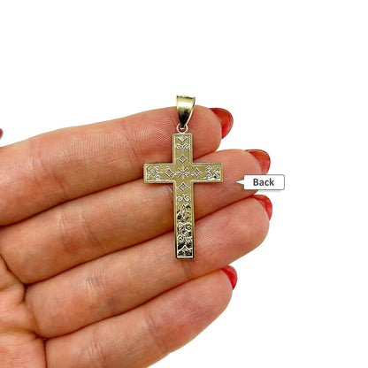 14K Real Gold Two-Tone Yellow White Cross Pendant 1.4"