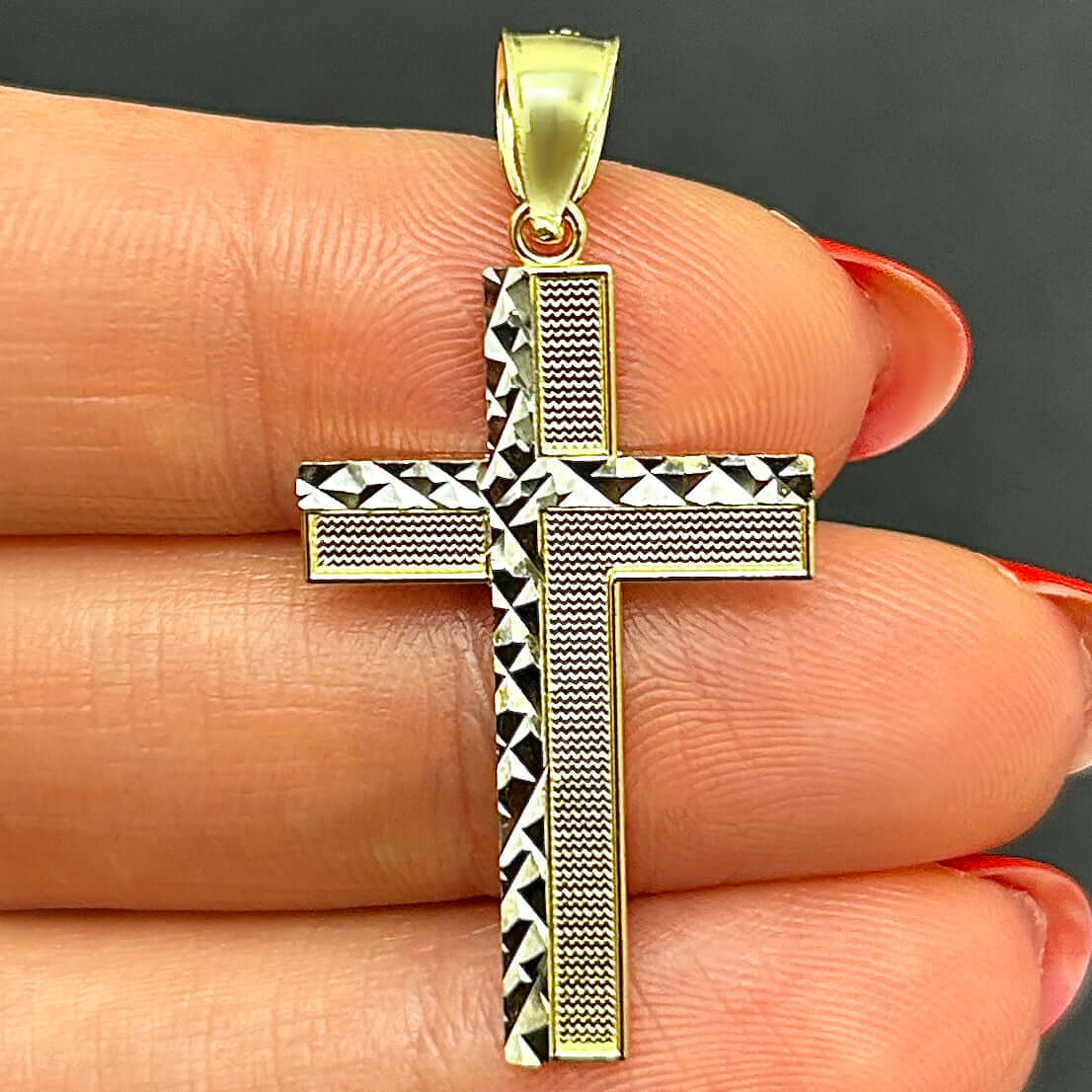 14K Real Gold Two-Tone Yellow White Cross Pendant 1.4"
