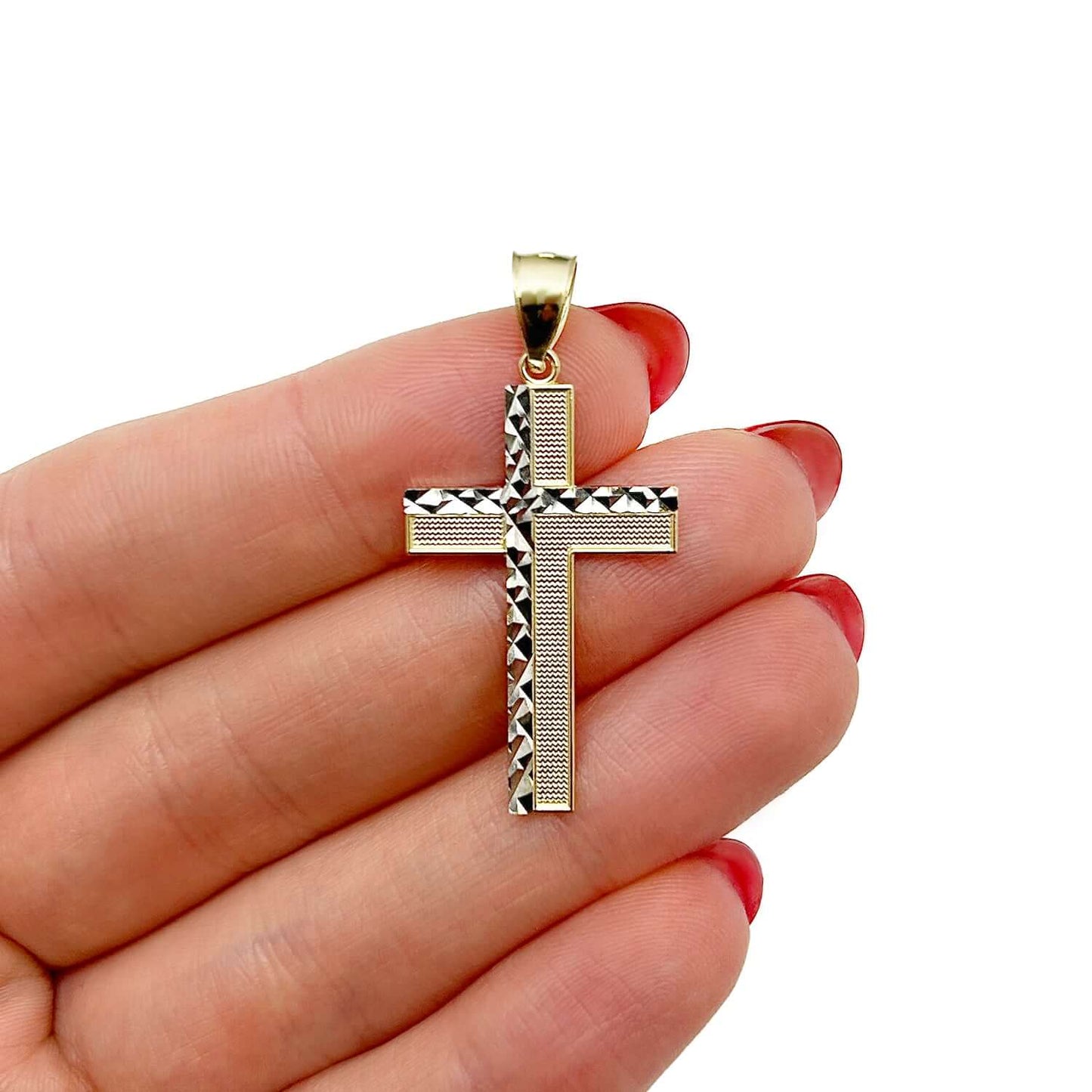 14K Real Gold Two-Tone Yellow White Cross Pendant 1.4"