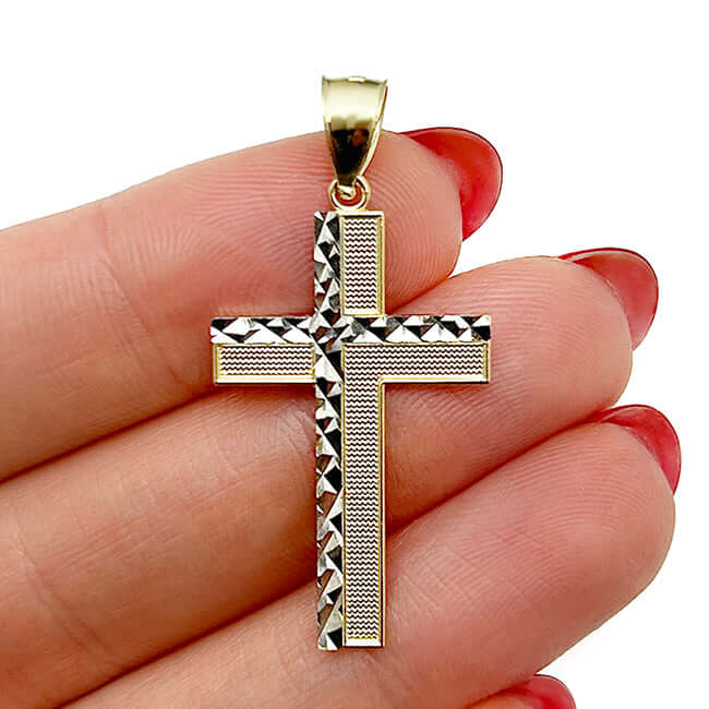 14K Real Gold Two-Tone Yellow White Cross Pendant 1.4"