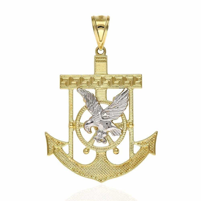 10K Yellow Gold Two-Tone Diamond-Cut Eagle Anchor Pendant