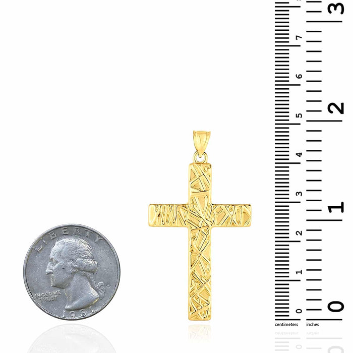 14K Gold Textured Cross Pendant 1.9" - WJD Exclusives