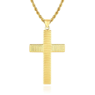 14K Gold Textured Stripes Cross Pendant 1.9" - WJD Exclusives