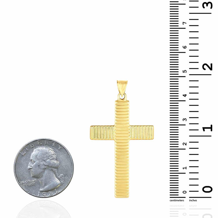 14K Gold Textured Stripes Cross Pendant 1.9" - WJD Exclusives