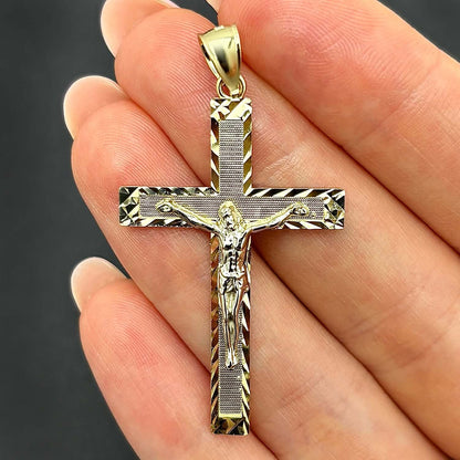 14K Real Gold Two-Tone Yellow White Jesus Crucifix Cross Pendant 2"