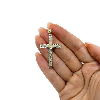 14K Real Gold Two-Tone Yellow White Jesus Crucifix Cross Pendant 2"