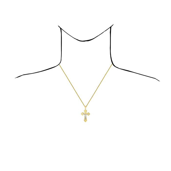 14K Gold Two - Tone Yellow White Nugget Pattern Jesus Cross Pendant 1.9" - WJD Exclusives