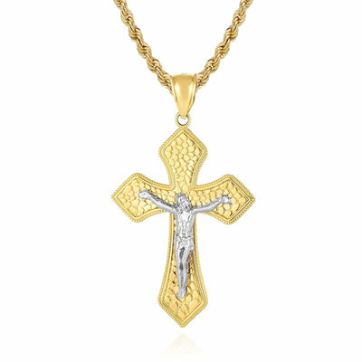 14K Gold Two - Tone Yellow White Nugget Pattern Jesus Cross Pendant 1.9" - WJD Exclusives