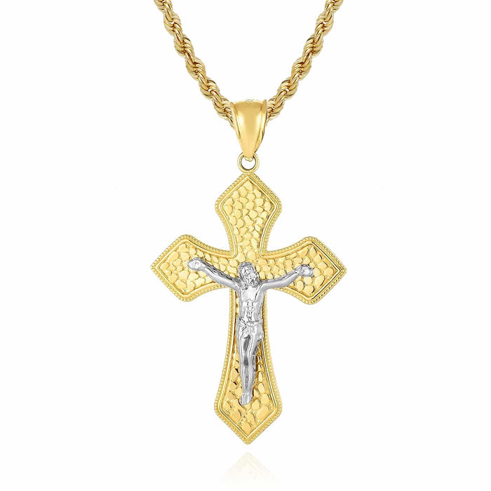 14K Gold Two - Tone Yellow White Nugget Pattern Jesus Cross Pendant 1.9" - WJD Exclusives